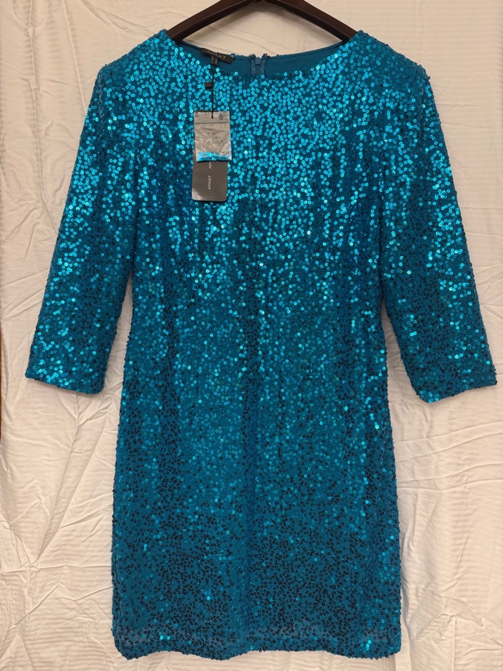 Teal Sequin Mini Dress with Three-Quarter Sleeves
